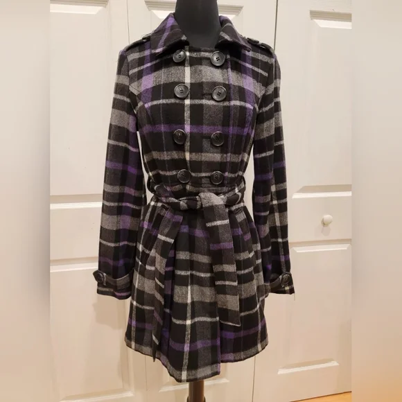 Arizona purple plaid double breasted black button up belted jacket coat S - Picture 2 of 9